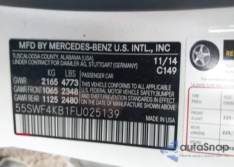 2015 Mercedes-Benz C 300 4Matic/Luxury 4Matic/Sport 4Matic from USA, damaged, VIN 55SWF4KB1FU025139